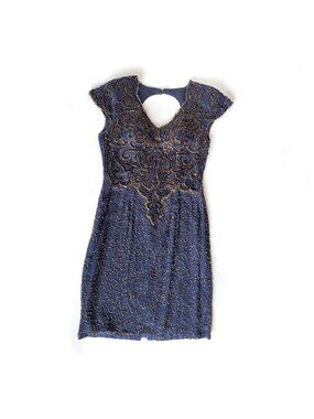 Vintage Art Deco Beaded Silk Midi Gown Dress 80s Cap Sleeve Size 14